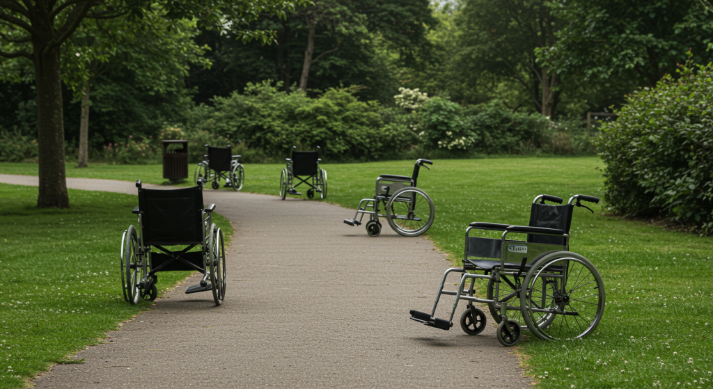Cadeiras de rodas vasias em um parque.